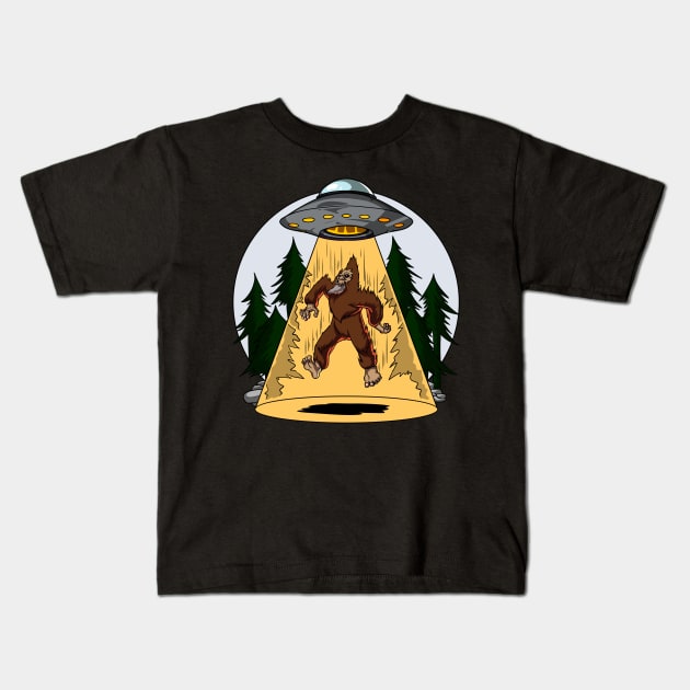 Bigfoot Alien Abduction Kids T-Shirt by underheaven